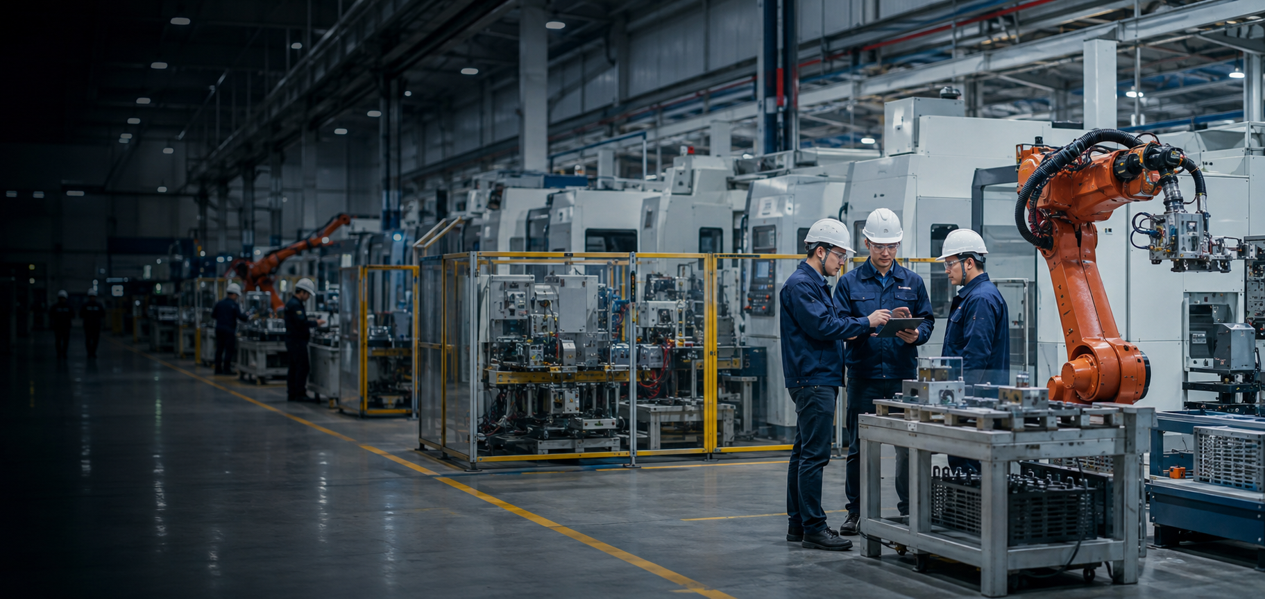 Modern industrial production facility with engineers and automated equipment